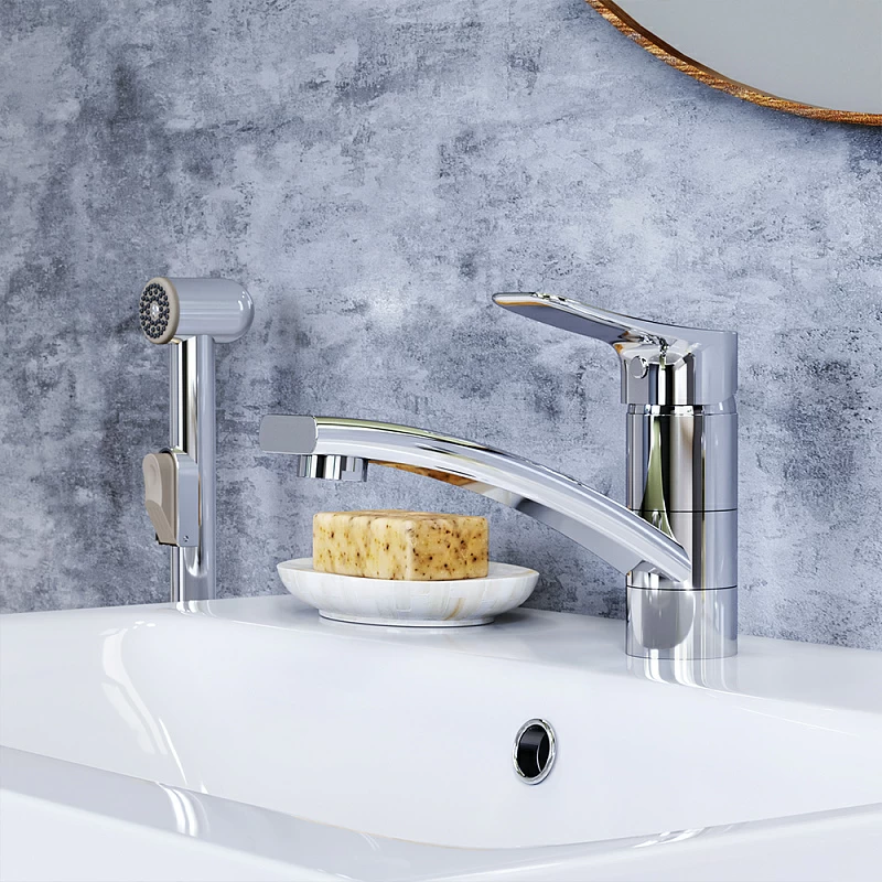 Смеситель для раковины (умывальника) Damixa Jupiter 770230001 с гигиеническим душем, поворотным изливом, хром