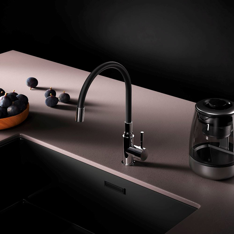 Смеситель для кухни AM.PM X-Joy S F85B07602 высокий, хром, с черным гибким изливом