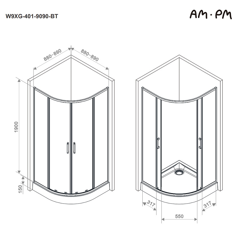 Душевое ограждение без поддона 90x90 AM.PM Above W9XG-401-9090-BT профиль черный