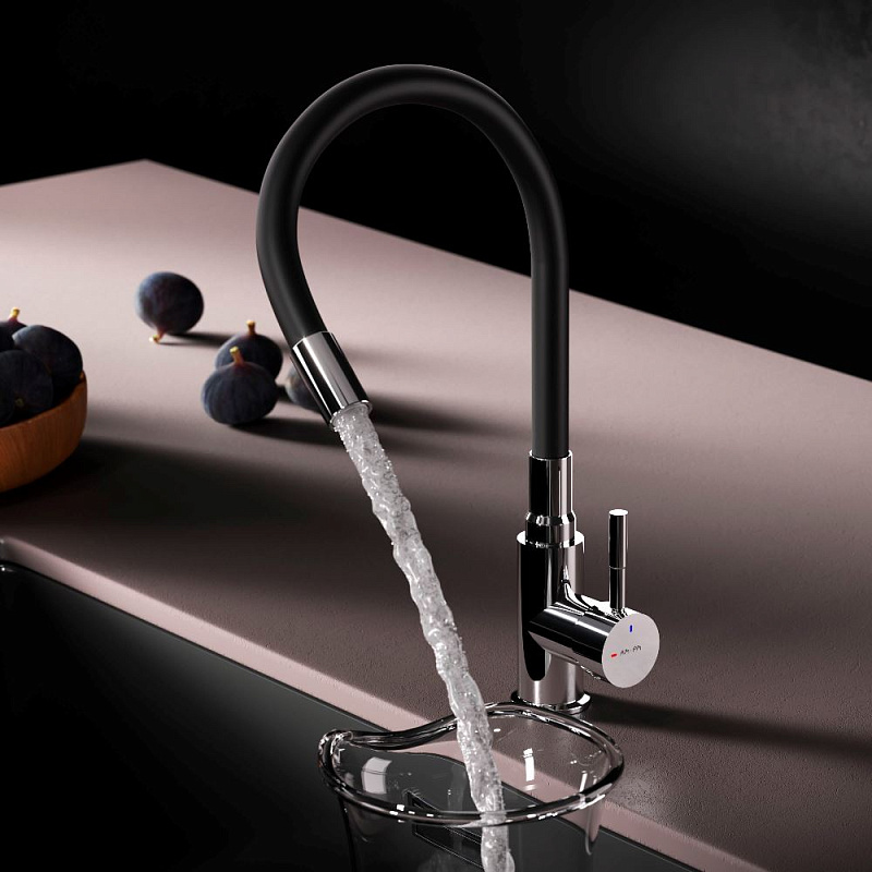 Смеситель для кухни AM.PM X-Joy S F85B07602 высокий, хром, с черным гибким изливом
