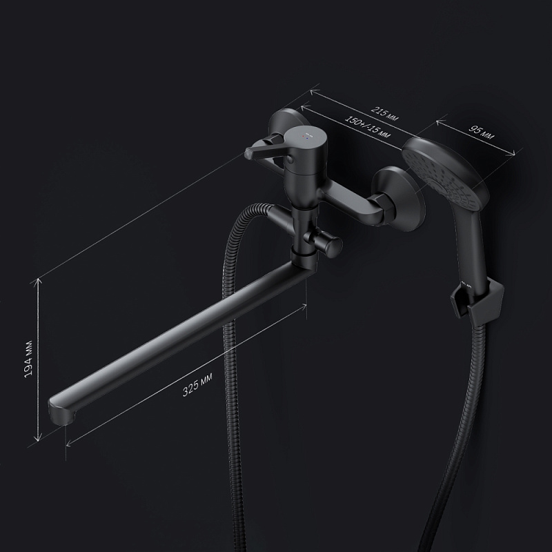 Смеситель для ванны и душа AM.PM X-Joy S F85B90122 длинный излив, душевая лейка, шланг 1500, черный