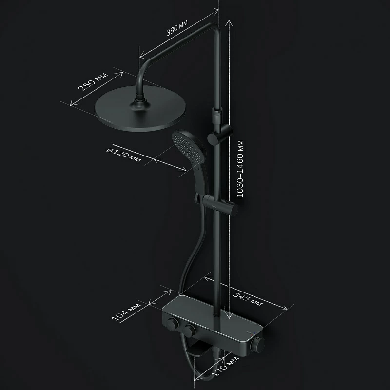 Душевая система AM.PM Inspire 2.0 F0750A522 стойка с тропическим душем, термостатом, смесителем, изливом, черная матовая