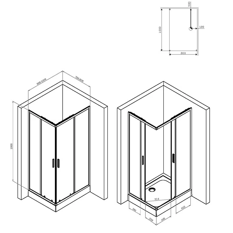 Душевое ограждение без поддона 100x80 AM.PM Gem S W93G-404-100280-BT профиль черный матовый