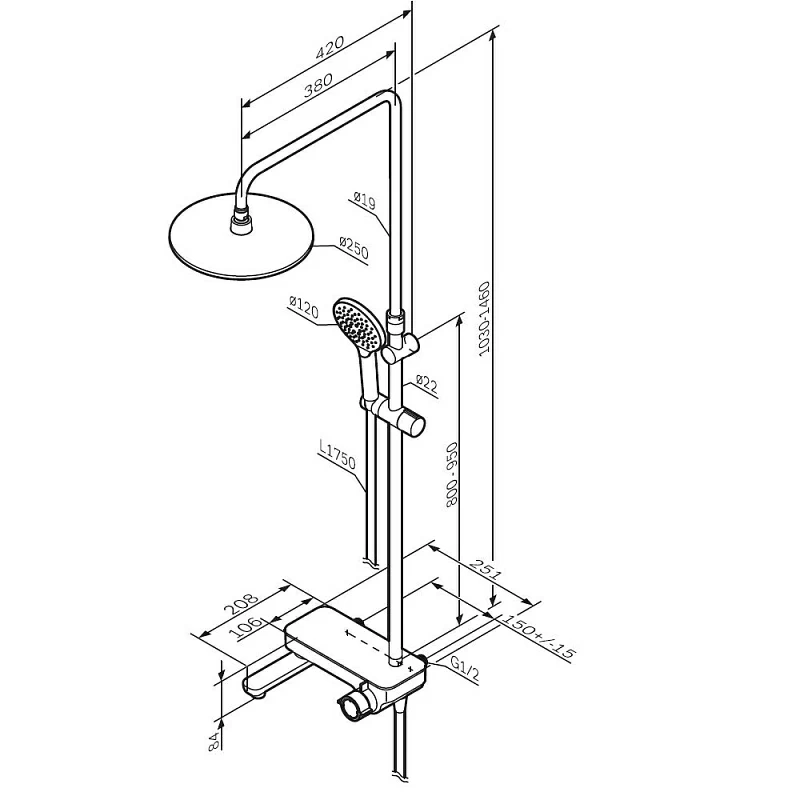 Душевая система AM.PM Like F0780722 стойка с тропическим душем, смесителем, изливом, черная матовая