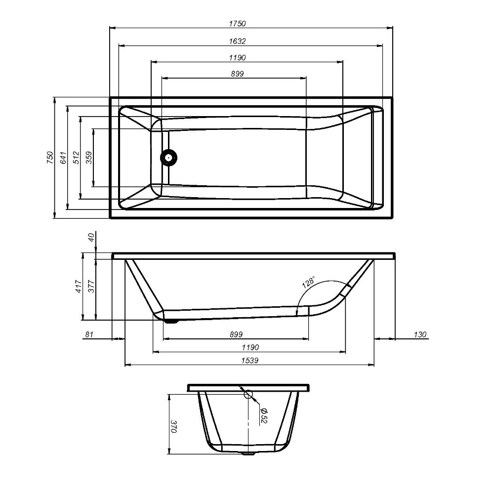 Ванна акриловая 175х75 см Gem W93A-175-075W-A, Белый