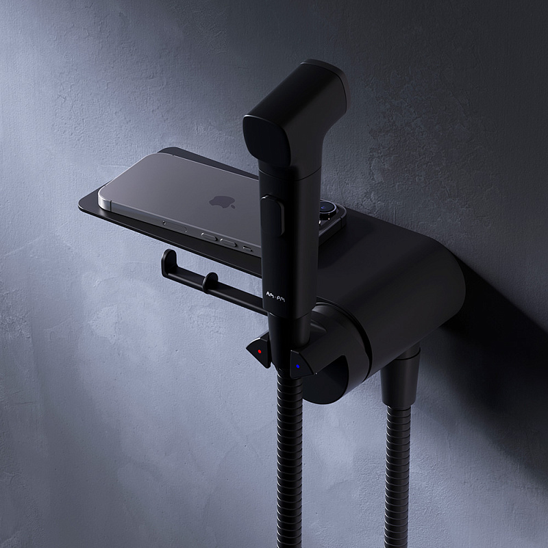 Гигиенический душ со смесителем AM.PM Func F0H8F922 черный встраиваемый, полка, шланг 1200, держатель туалетной бумаги