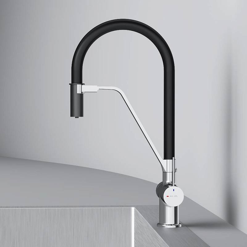 Смеситель для кухни AM.PM Func F8F07802 высокий, хром, с каналом для питьевой воды и гибким черным изливом