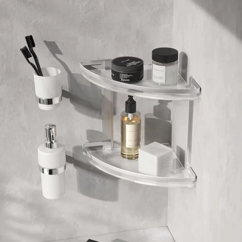 Полка в ванную угловая AM.PM Sense L A7456200 двухъярусная, серебристый металл, стекло