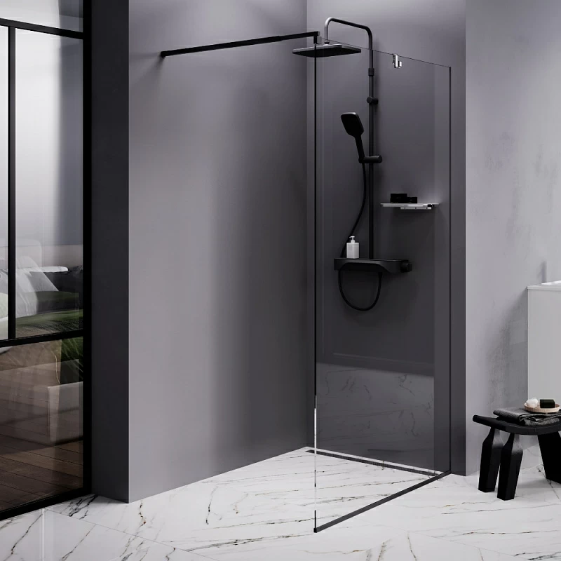 Душевая перегородка 110x200 AM.PM Func W84WI-110-F1-BTE прозрачное стекло, профиль черный матовый