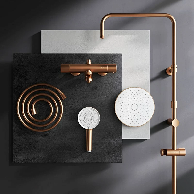 Душевая система AM.PM X-Joy F0785A544 стойка с тропическим душем, термостатом, смесителем, изливом, розовое золото